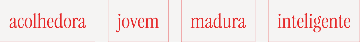 The brand's four attributes — welcoming, young, mature, and intelligent — in red