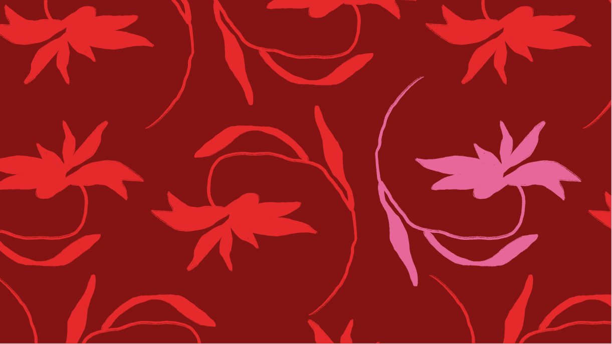 Cover composition with flowers illustrated in red on a dark red background