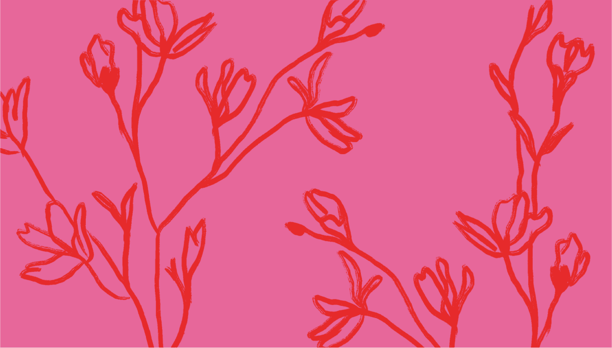 Cover composition with branches and sprigs illustrated in red on a pink background
