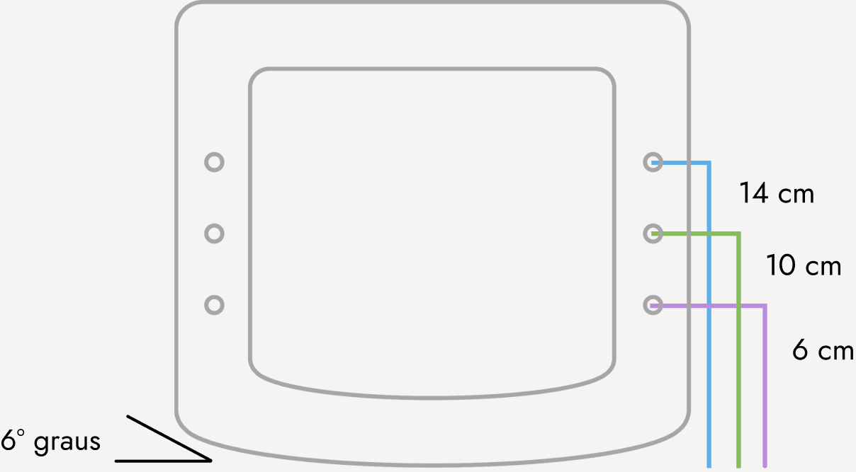 Diagrama das três regulagens de altura — 6, 10 e 14 cm — e do ângulo de balanço de 6 graus