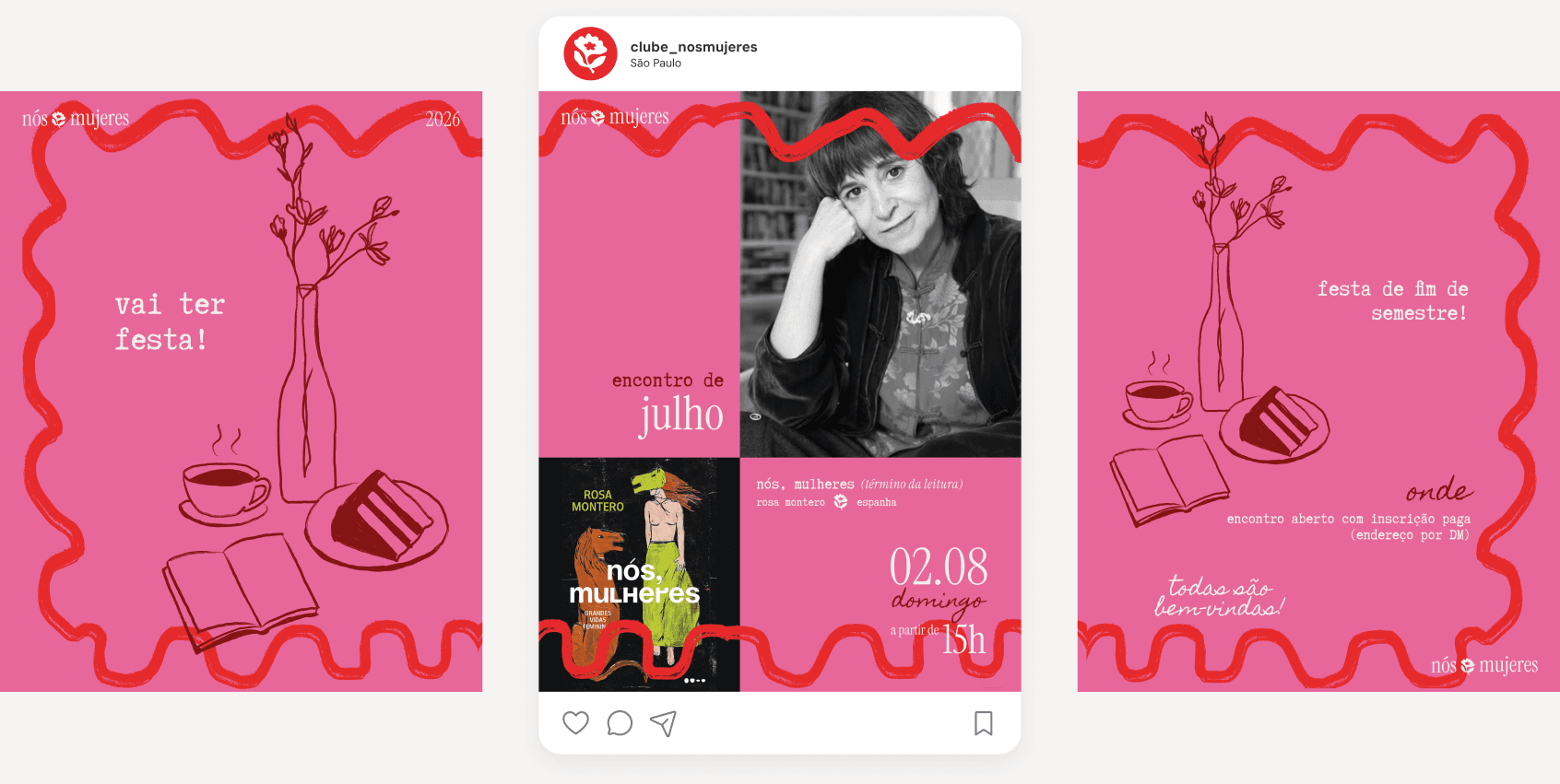 Three club posts on Instagram, pink with a wavy red frame: the party, the July meeting, and the end-of-semester party