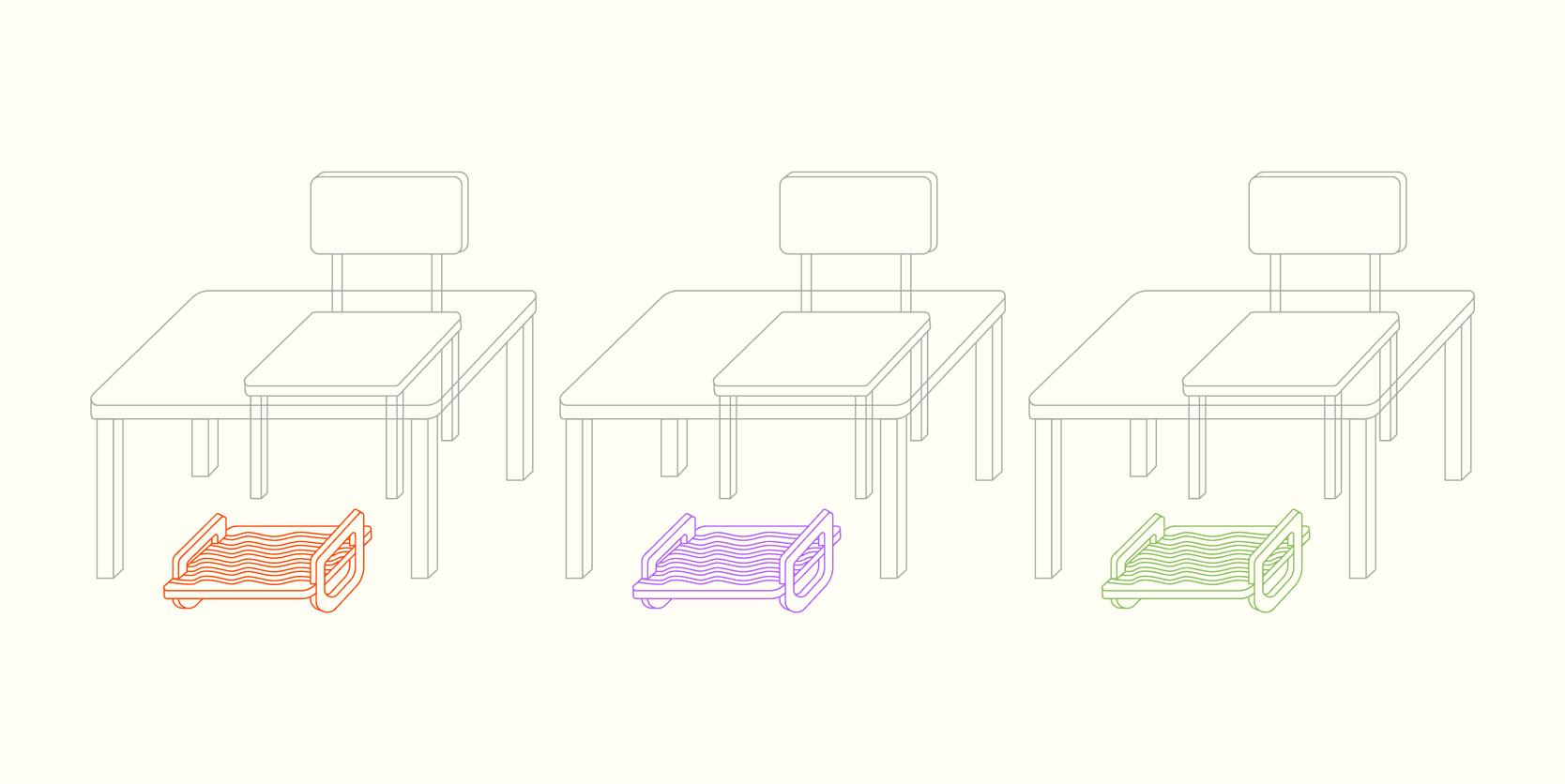 Ilustração isométrica de carteiras escolares com o MoviPé em laranja, lilás e verde