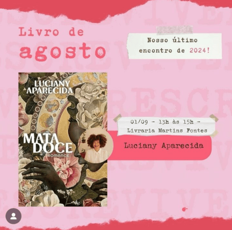 An old club post announcing the August book, in pink and red