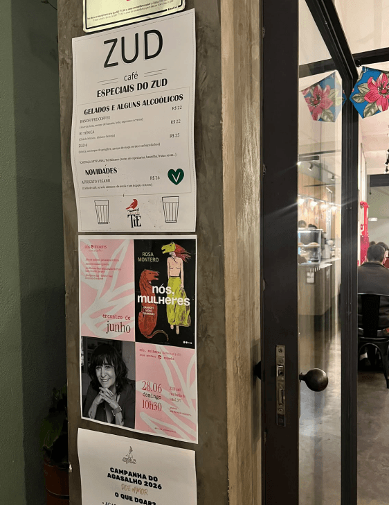 Club posters on the door of a bookstore
