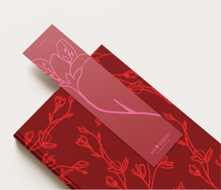 Red bookmarks with floral illustrations, stacked